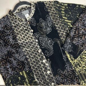 Koos of Course Button Front Shirt Dress Velvet Velour Sheer Black Paisley Silk L